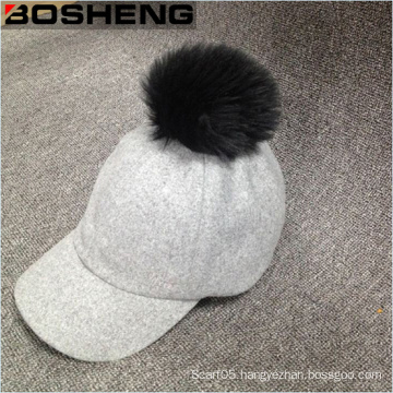 White Pompom Cap Women′s Warm Wool Baseball Cap